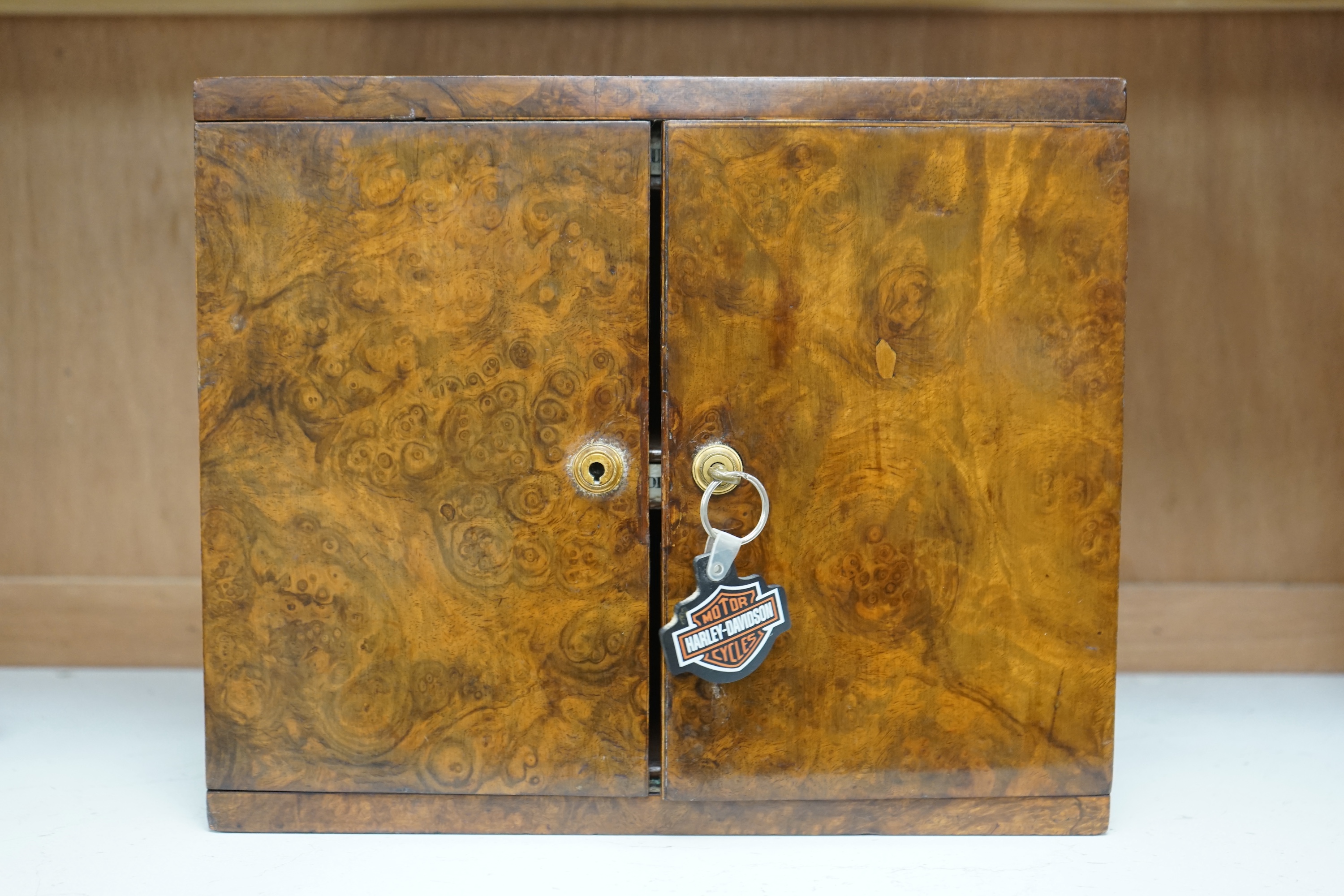 A Victorian burr walnut stationery cabinet, with ivory labels, 25cm high x 30cm wide. CITES Submission reference 1WX6H7C8. Condition - fair to good